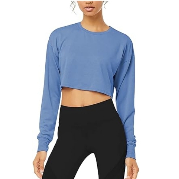 Bestisn Long Sleeve Crop Sweatshirt Top with Thumb Hole Blue - Picture 2 of 5